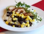 Chicken with Cilantro Lime Sacue over rice with beans and corn