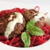 Goat cheese filled meat balls with Beet Spaghetti and Garlic Goat Cheese Sauce