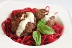 Goat cheese filled meat balls with Beet Spaghetti and Garlic Goat Cheese Sauce