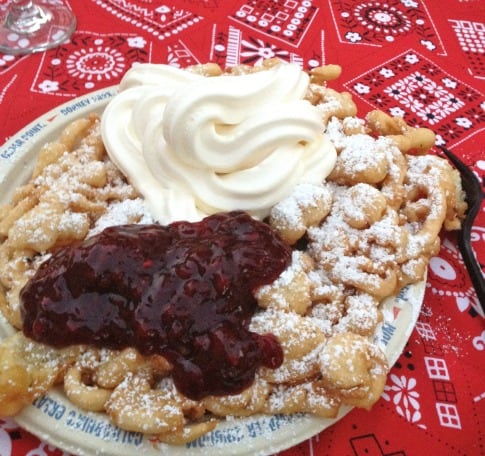 Knotts Berry Farm Funnel Cake with ice cream and boysenberry topping