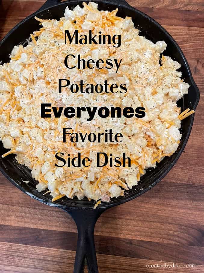 cheesy potato recipe in cast iron skillet ready to go in the oven