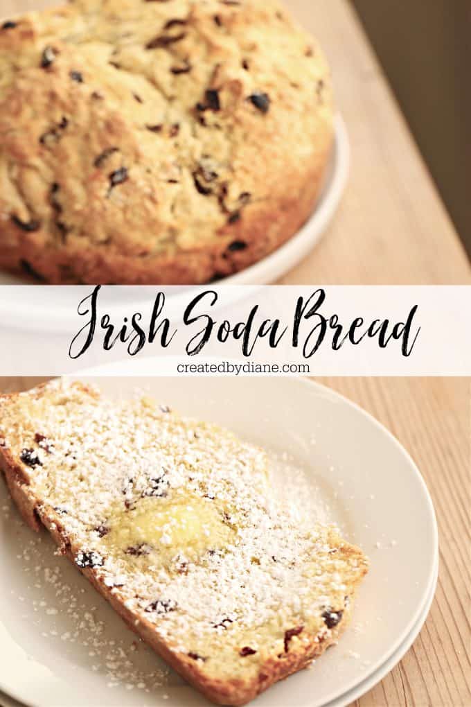 baked Irish Soda quick bread, sliced with butter melted and powdered sugar