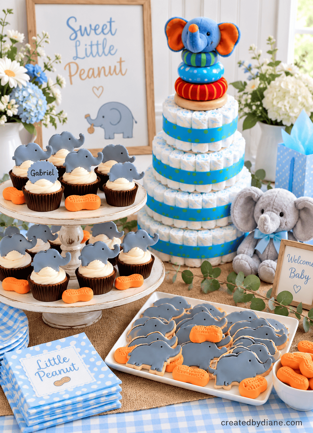 ELEPHANT- LITTLE PEANUT BABY SHOWER gift, cupcakes, cookies createdbydiane