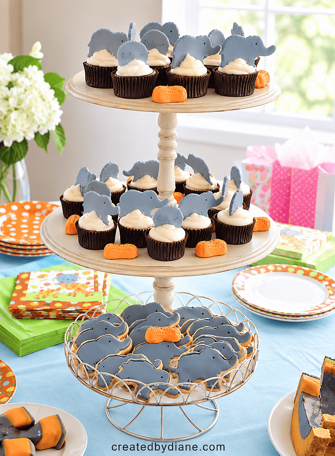 elephant (in fondant) for cookie and cupcakes for baby shower (little peanut theme shower)