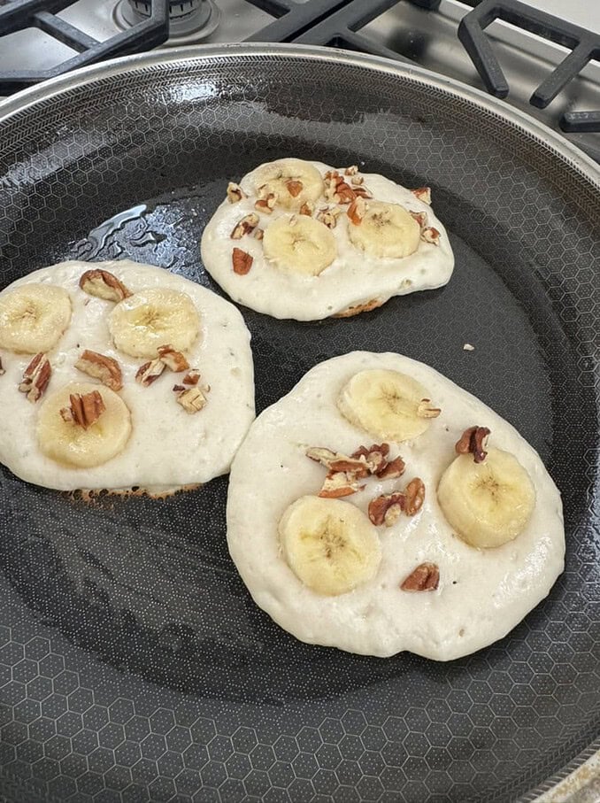 add your favorite item to the pancakes, bananas and nuts, blueberries or chocolate chips, all great options!