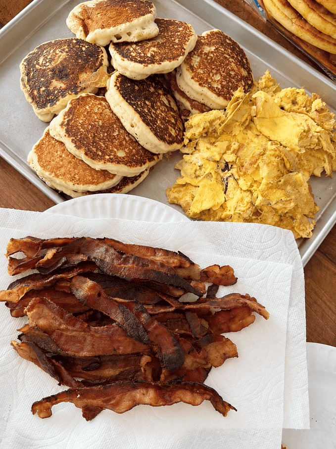 rustic pancakes eggs and bacon,the perfect hearty breakfast, this I cooked all on the blackstone!
