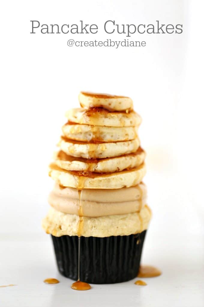 pancake cupcakes with stacked up mini pancakes and syrup from www.createdby-diane.com