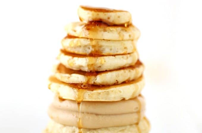pancake cupcakes with stacked up mini pancakes and syrup from www.createdby-diane.com
