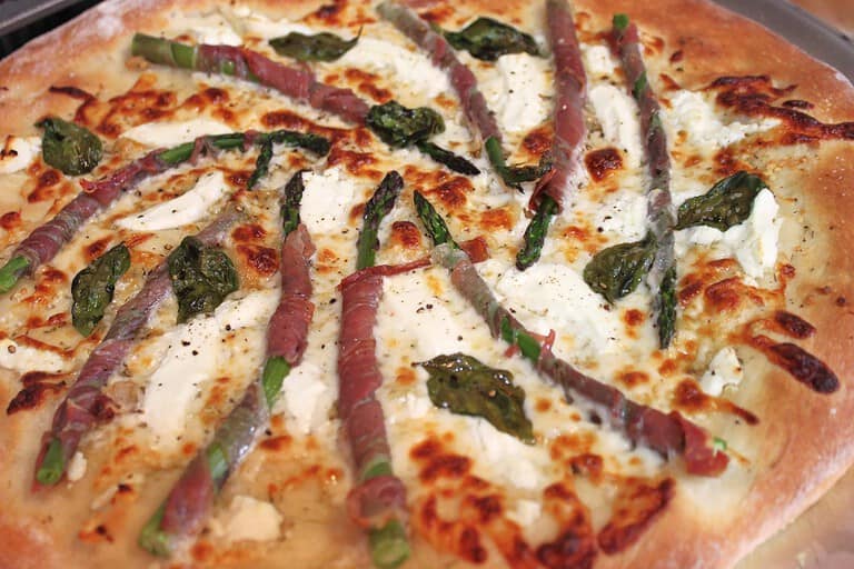 Prosciutto Wrapped Asparagus with Goat Cheese Pizza