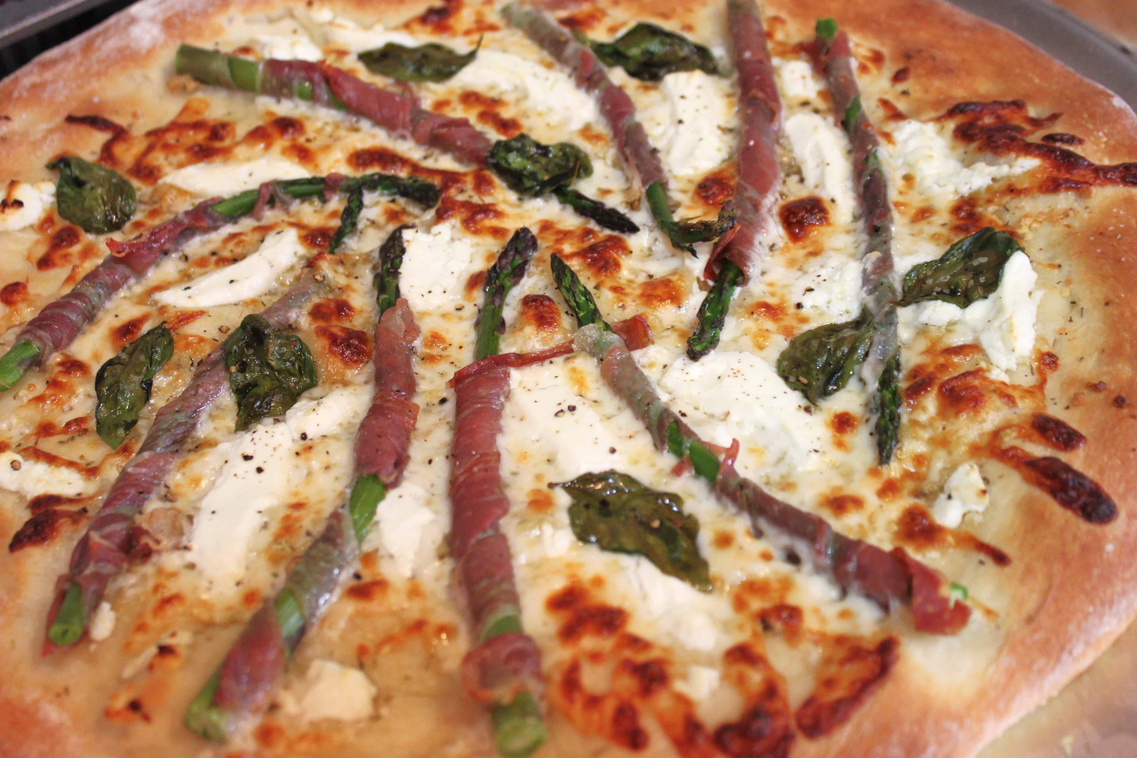 Prosciutto Wrapped Asparagus with Goat Cheese Pizza