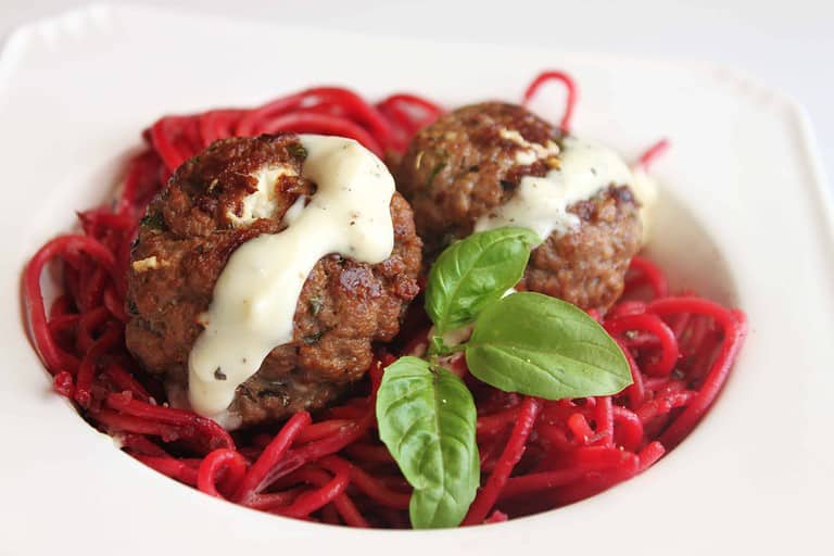 Goat Cheese Meatballs, Beets and Spaghetti