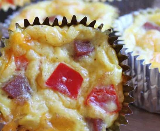 Ham-Egg-and-Cheese-Breakfast-Cupcakes- in foil cupcake liners, perfect for on-the-go eating createdbydiane.com