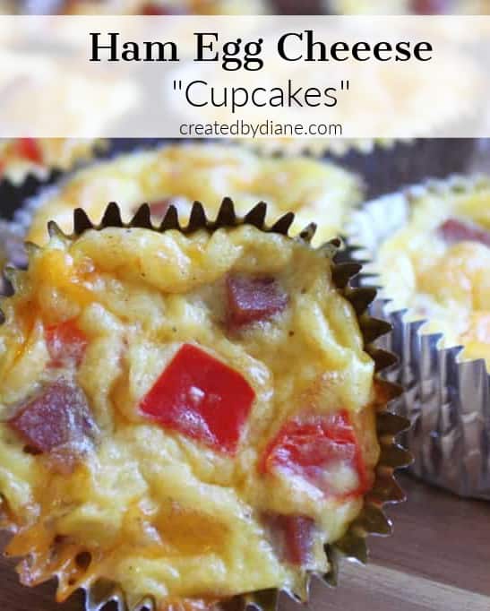 Ham-Egg-and-Cheese-Breakfast-Cupcakes- in foil cupcake liners, perfect for on-the-go eating createdbydiane.com