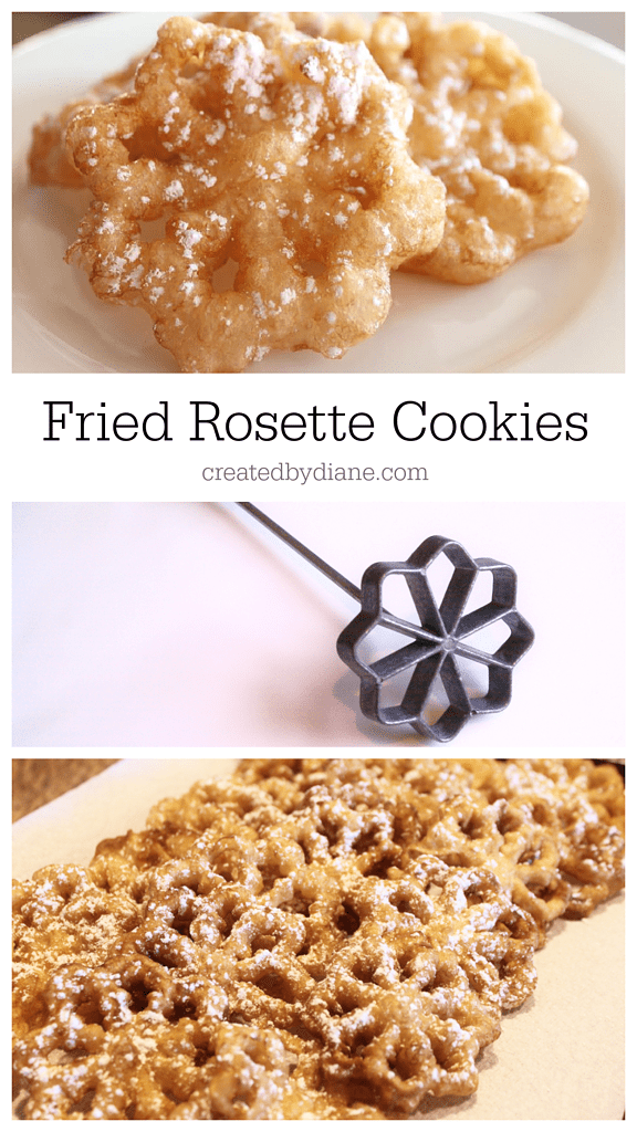 fried rosette cookies using a cast aluminum iron, with a thin batter and finished with a dusting of powdered sugar