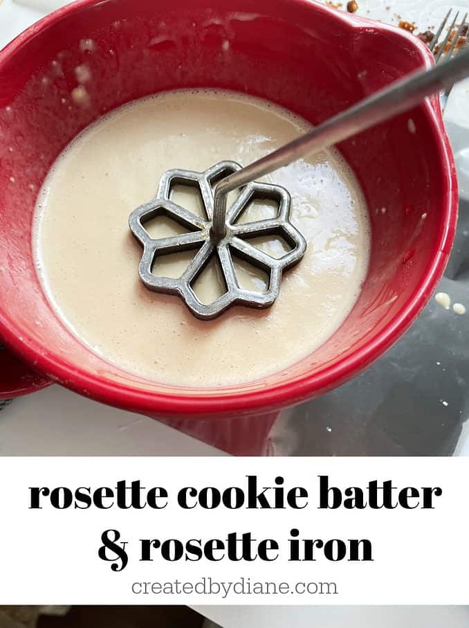 rosette cookie batter with rosette iron for frying cookies