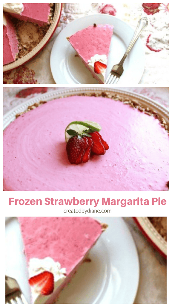 frozen strawberry margarita pie recipe with a pretzel crust, salty and sweet, the perfect hot weather dessert createdbydiane.com