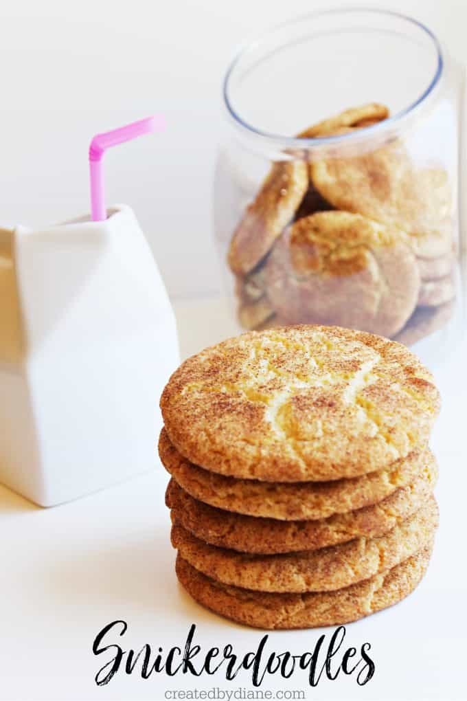 Snickerdoodles THE BEST COOKIE RECIPE, cinnamon sugar cookie by createdbydiane.com cookies piled high with a cookie jar carton of milk