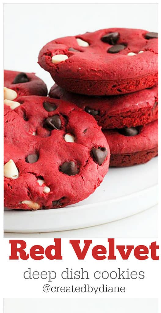 red velvet deep dish cookies with chocolate and white chips stacked up on plate