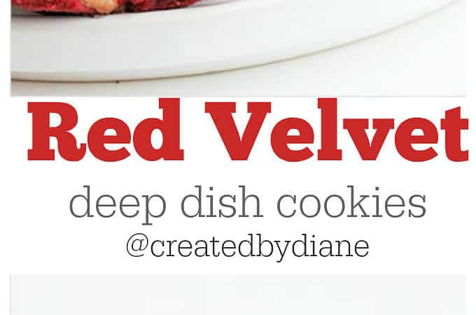 red velvet deep dish cookies with chocolate and white chips stacked up on plate