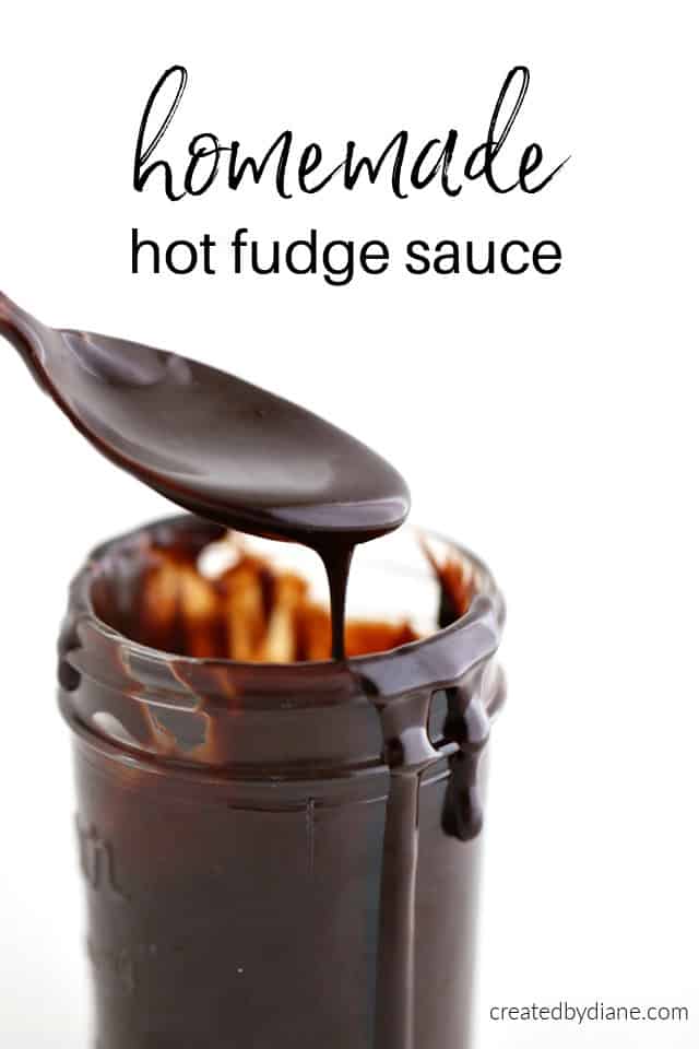 hot fudge sauce in a glass jar with a spoon