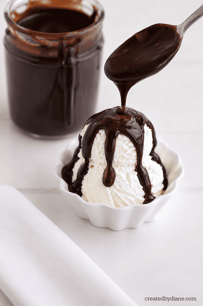 hot fudge sauce over vanilla ice cream
