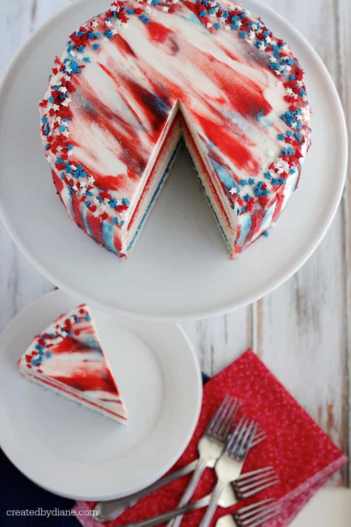 tie dye frosting effect with red, white, and blue, frosting- no skill needed
