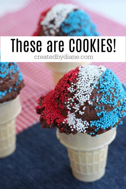 COOKIES, chocolate cookies, the cones are filled with frosting-Ice-Cream-Cone-Cookies-createdbyiane.com-recipe-#july4-cookies-#patriotic