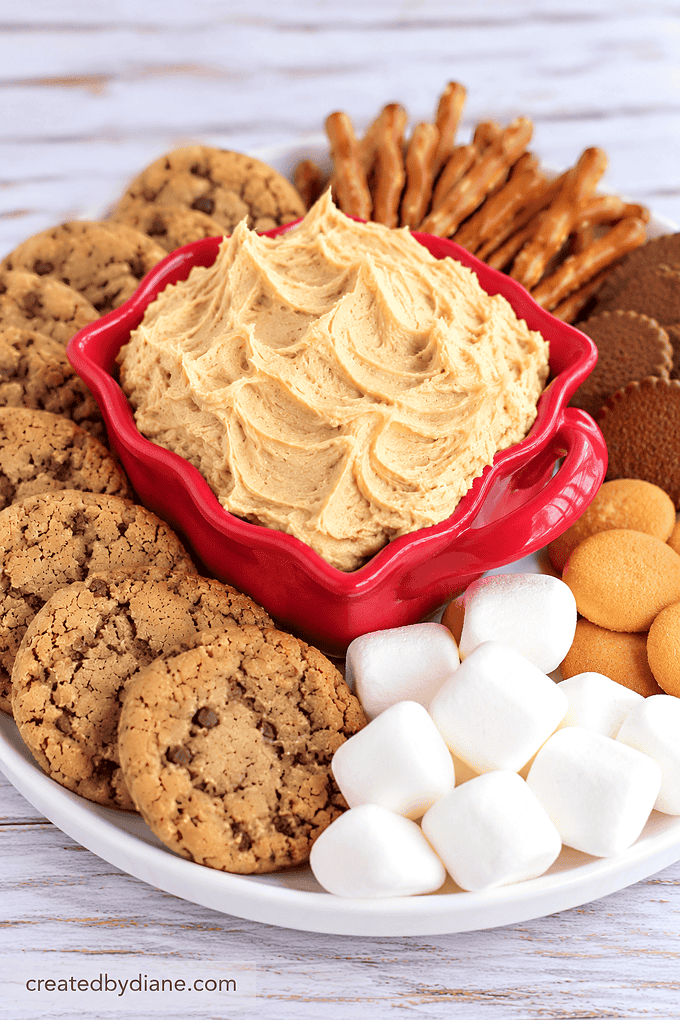 creamy peanut butter dip dessert dip for cookies, cake, pretzels, marshmallows and CHOCOLATE to dip into it