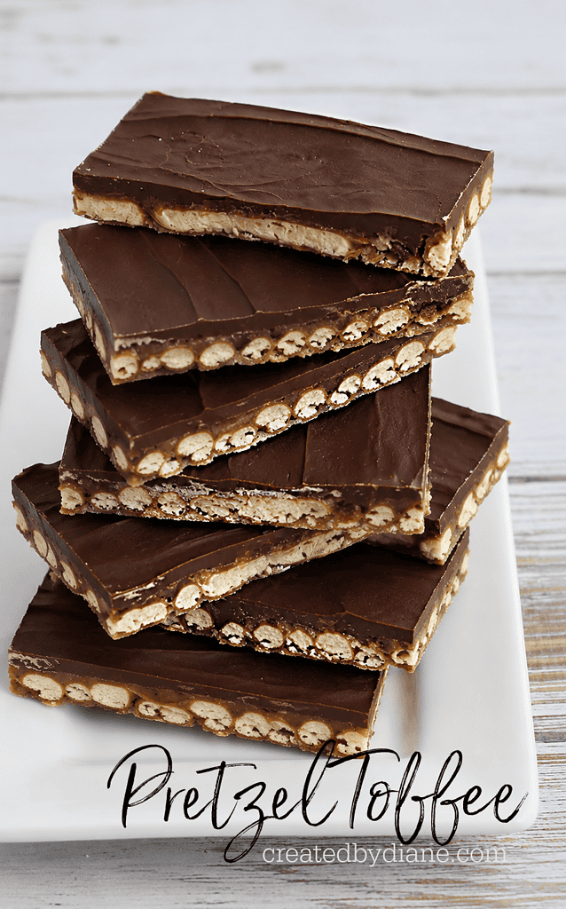 pretzel toffee recipe layers of pretzel sticks, then crunchy buttery toffee, then layered with chocolate, find this recipe at createdbydiane