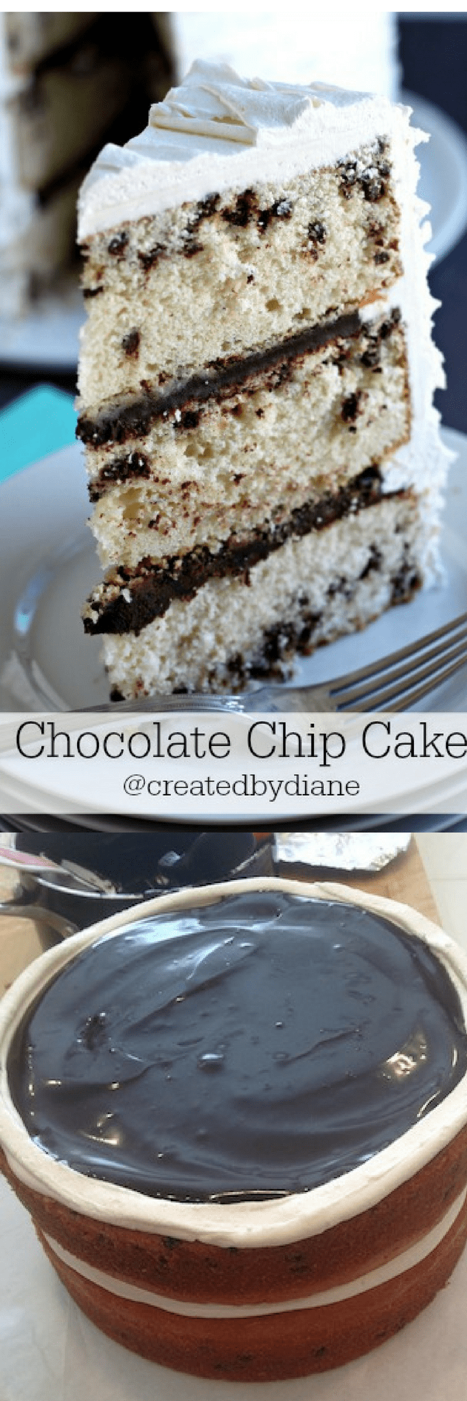 chocolate chip cake with fudge in the layers , the perfect cake for every occasion @createdbydiane
