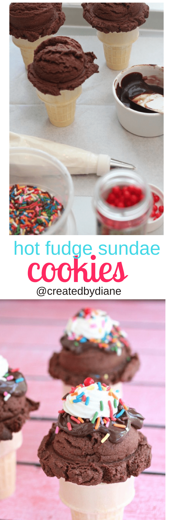 hot fudge sundae cookies on top of ice cream cones @createdbydiane