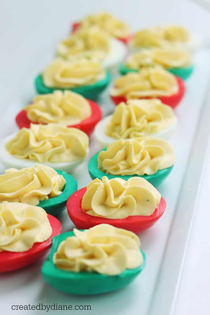 red and green deviled eggs, how to color, deviled egg recipe 