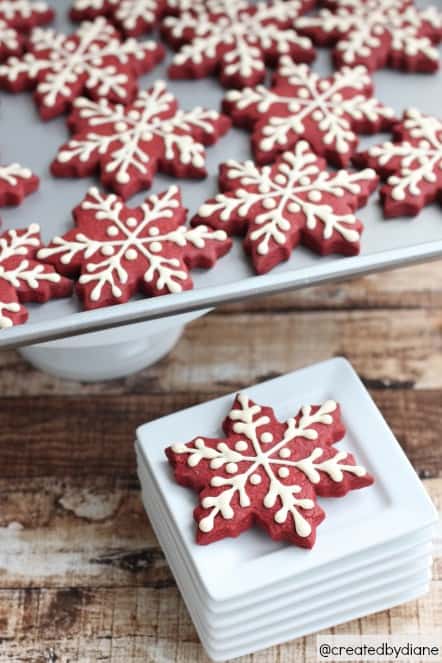 Red Velvet Christmas Snowflake Cookies with Royal Icing @createdbydiane
