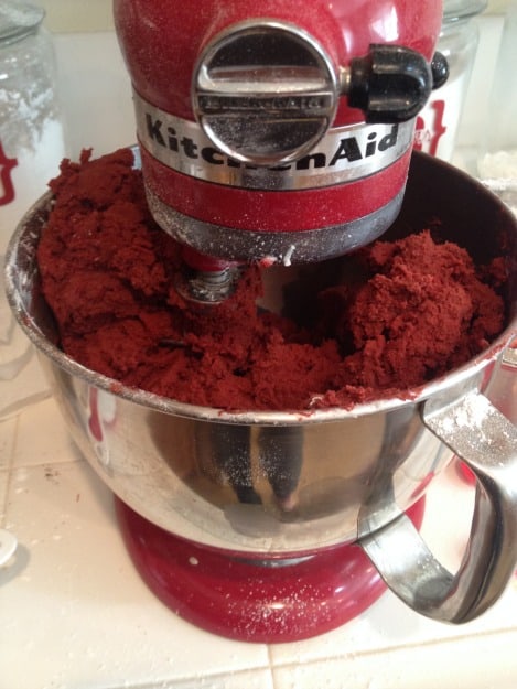 Red Velvet Cookie Dough in Mixer