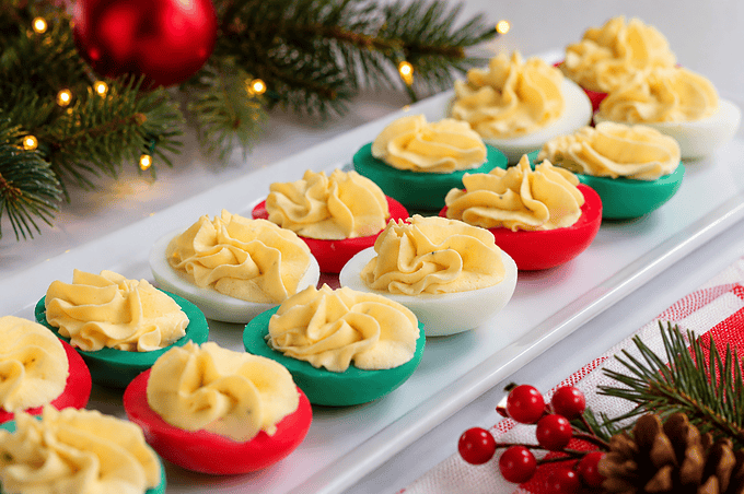 red and green deviled eggs, how to color, deviled egg recipe 