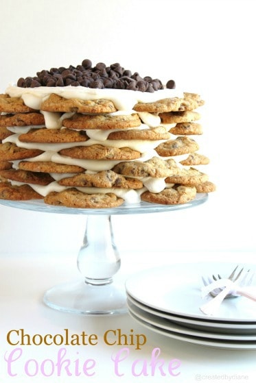 chocolate chip cookies stacked with frosting for a beautiful stacked cake @createdbydiane.com