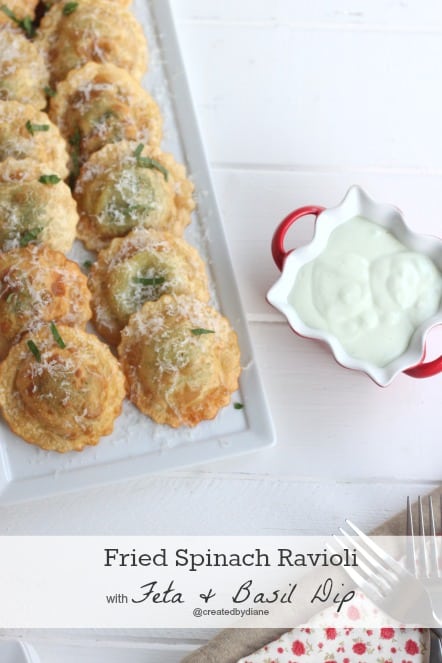 Fried Spinach Ravioli with feta and basil dip @createdbydiane