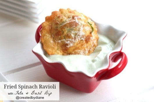 Fried Spinach Ravioli with feta and basil dip #easy #appetizer @createdbydiane