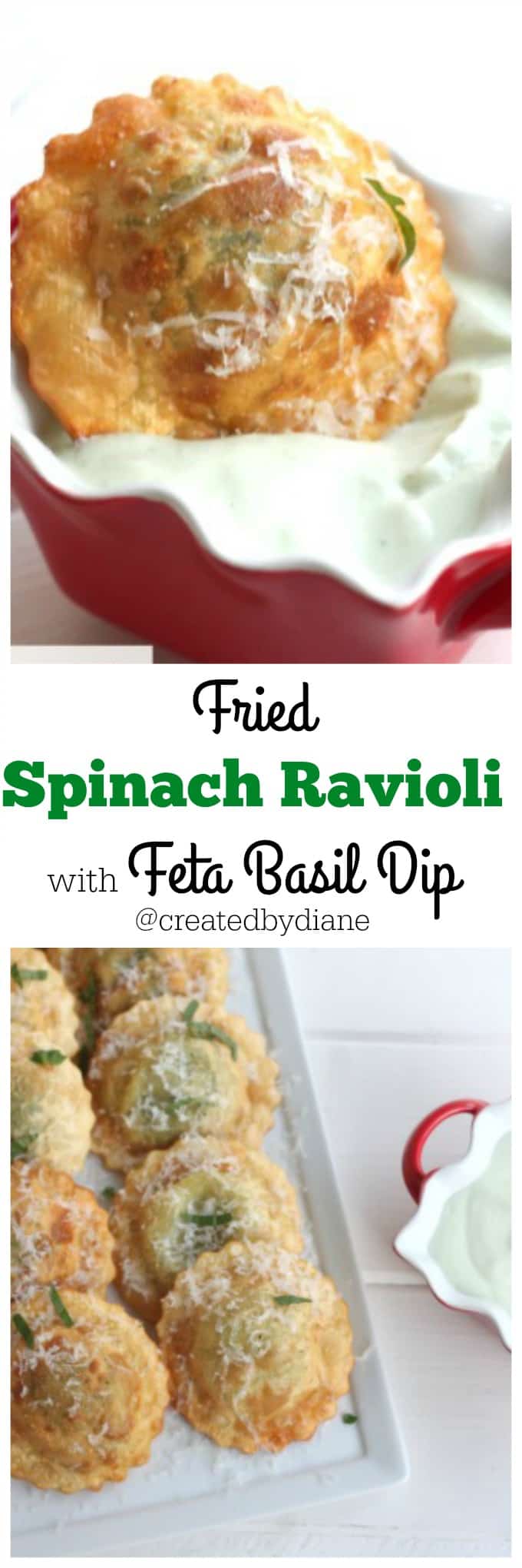 Fried Spinach Ravioli with Feta Basil Dip recipe from @createdbydiane