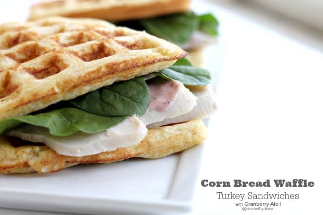 Cornbread Waffle Sandwiches great for leftover turkey with cranberry aioli @createdbydiane