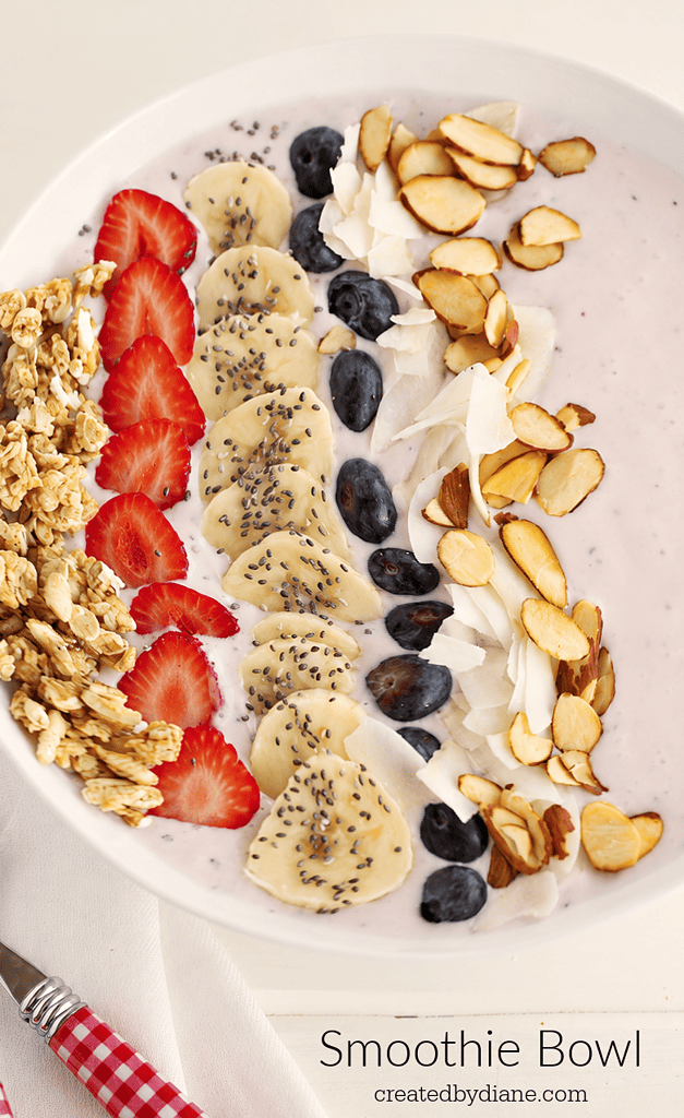 smoothie bowl, granola, strawberries, bananas, chia seeds, blueberries, coconut and roasted almonds