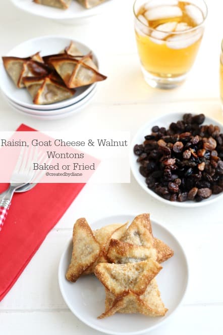 Baked or Fried wonton appetizers filled with California Raisins, goat cheese and walnuts @createdbydiane