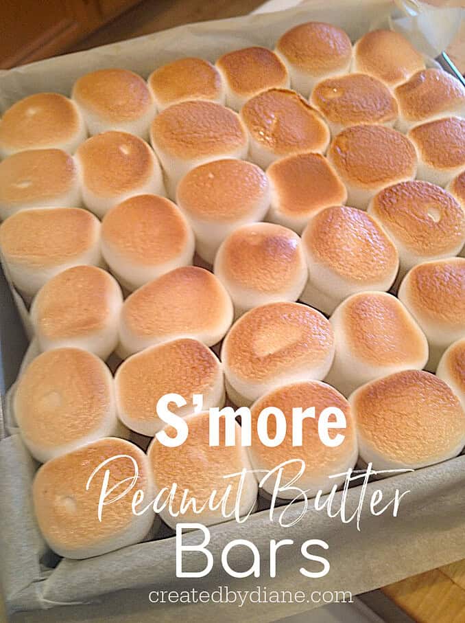 s'more peanut butter bars, layers of peanut butter cookie, graham crackers, chocolate marshmallow filling, an topped with toasted marshmallows