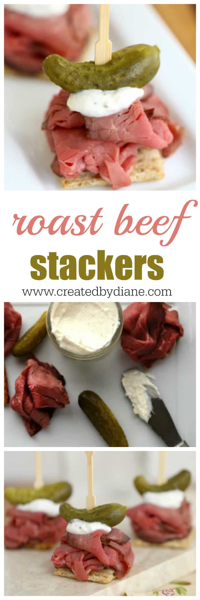 roast beef on crackers with creamy horseradish and a pickle, the PERFECT appetizer or snack www.createdbydiane.com