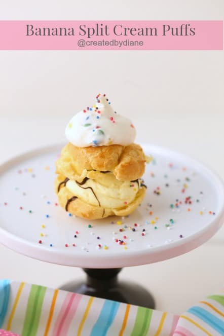 Banana Split Cream Puffs with Rainbow Chip Frosting @createdbydiane