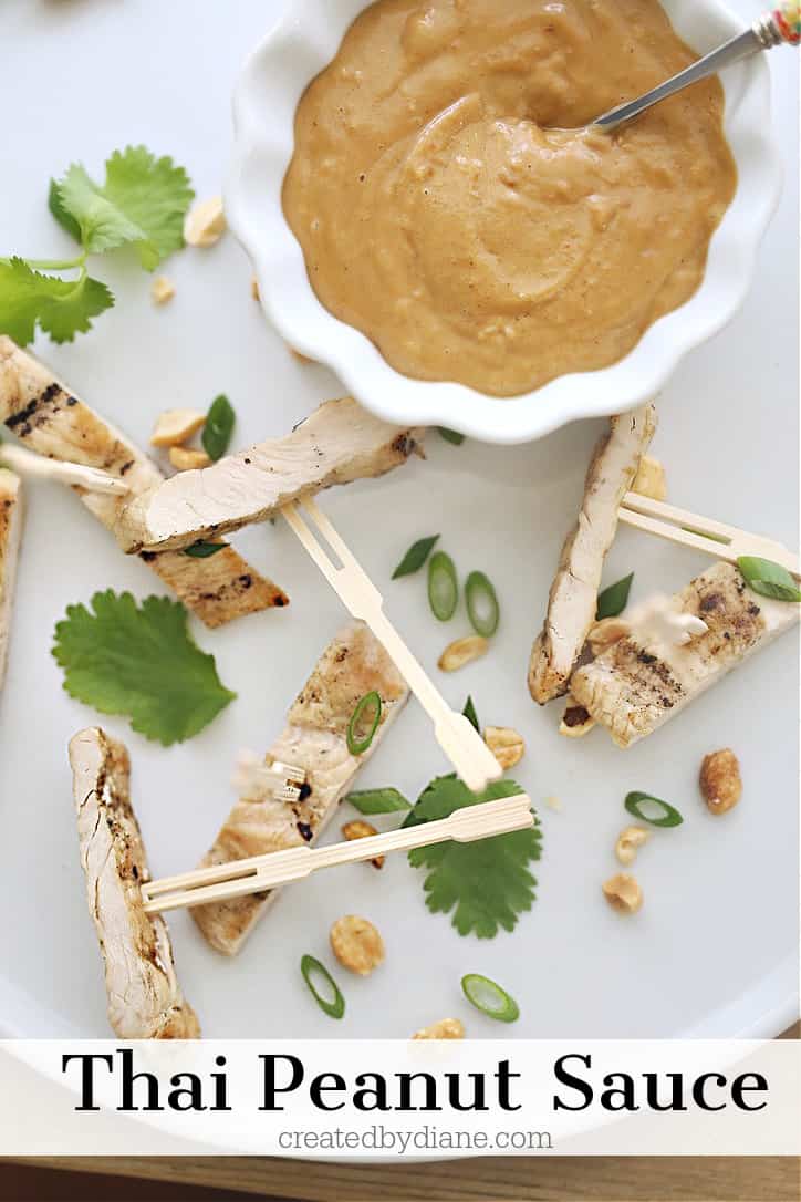 restaurant style thick thai peanut sauce. with slices of grilled chicken to dip createdbydiane.com