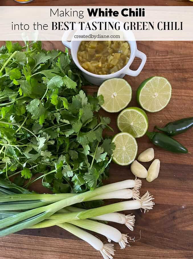 making white chili into the best tasting green chicken chili recipe with cilantro canned diced green chilis lime juice green onions and jalapenos