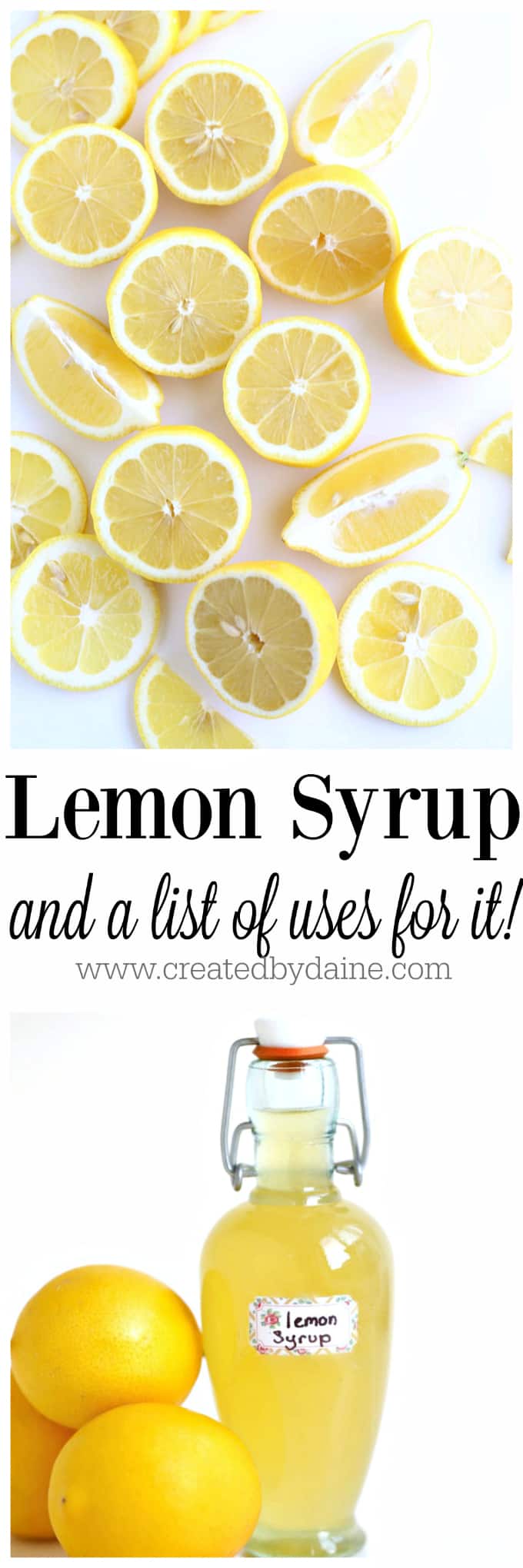 sliced lemons and lemon syrup in a glass bottle sliced lemons