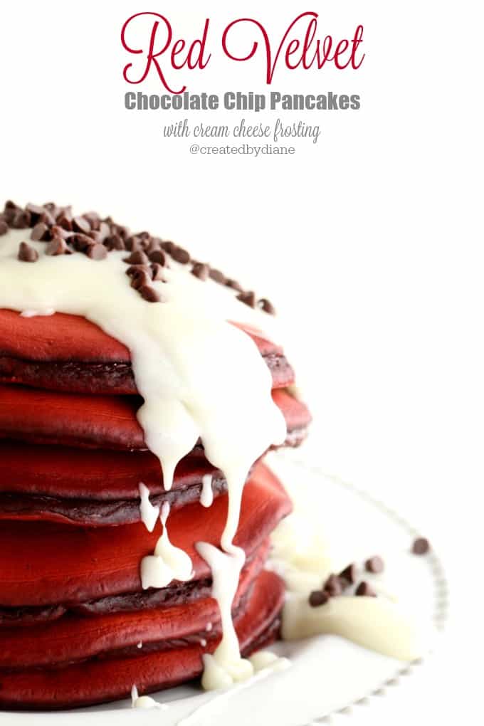 Red Velvet Chocolate chip Pancakes with cream cheese frosting @createdbydiane