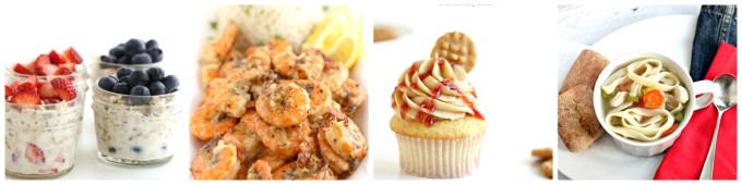 popular overnight oats, garlic shrimp, pbj cupcakes, one pot chicken soup